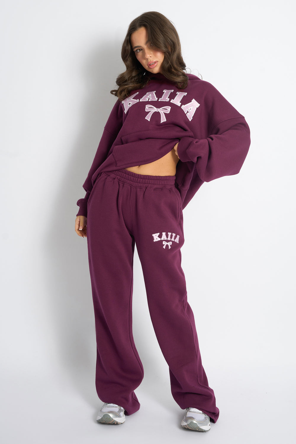 Kaiia Bow Embroidered Ribbed Waistband Wide Leg Joggers Plum & Baby Pink