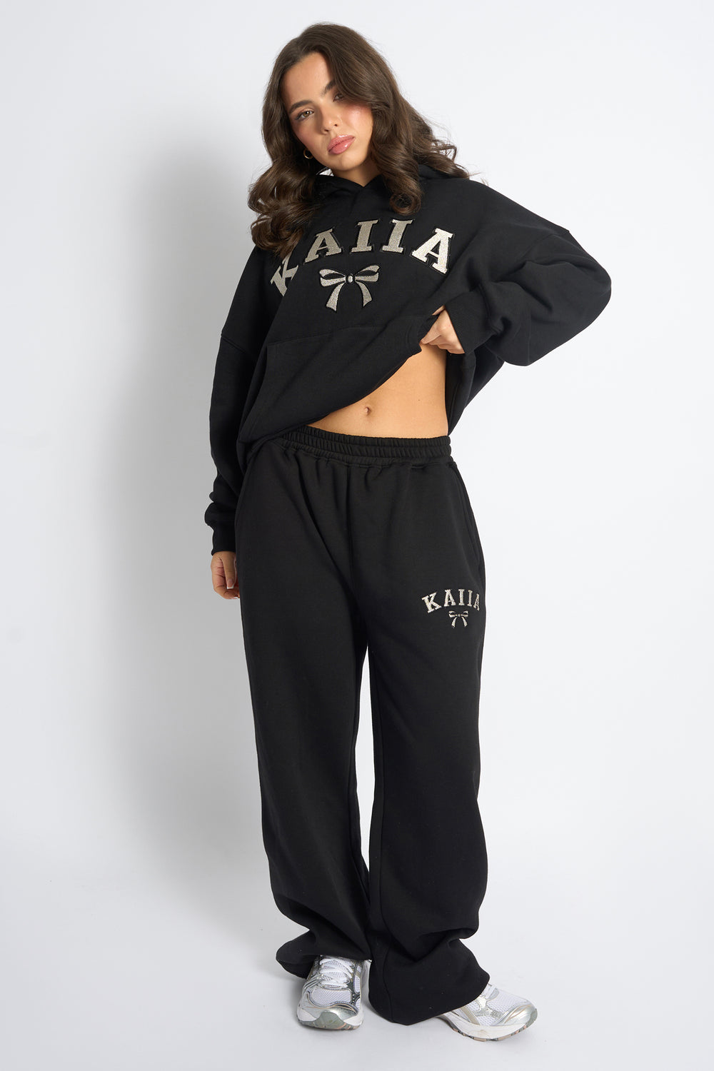 Kaiia Bow Embroidered Ribbed Waistband Wide Leg Joggers Black & Silver