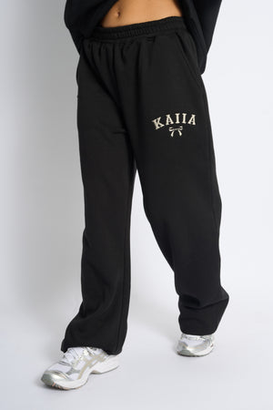 Kaiia Bow Embroidered Ribbed Waistband Wide Leg Joggers Black & Silver