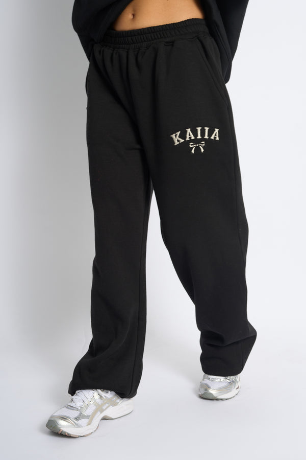 Kaiia Bow Embroidered Ribbed Waistband Wide Leg Joggers Black & Silver