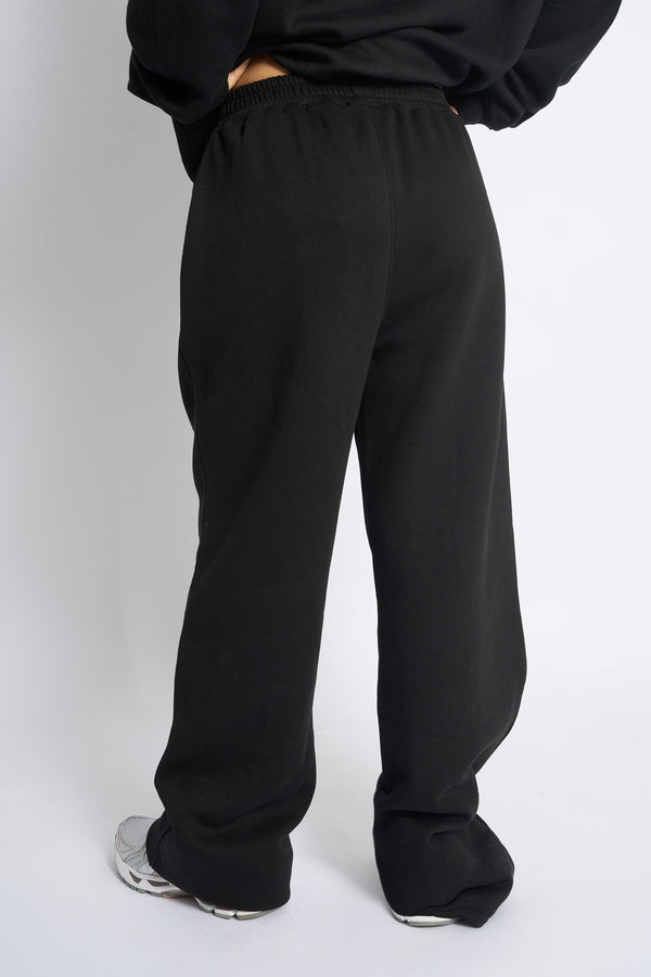 Kaiia Bow Embroidered Ribbed Waistband Wide Leg Joggers Black & Silver