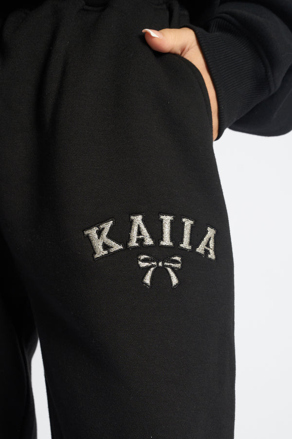 Kaiia Bow Embroidered Ribbed Waistband Wide Leg Joggers Black & Silver