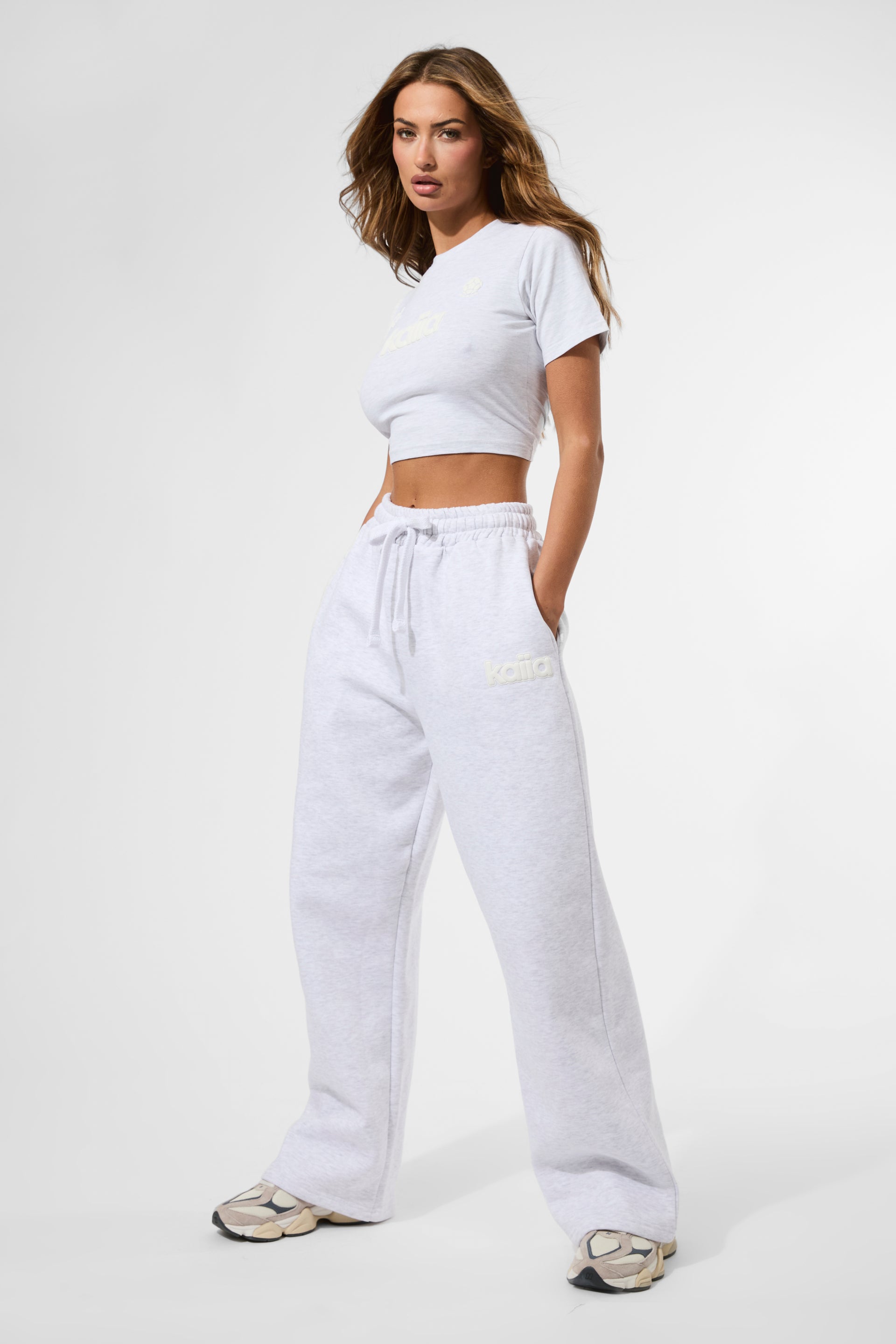 Ash Grey Marl Grey Sweatpants High Waisted Kaiia Puff Print Wide