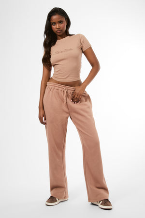 Kaiia Studio Embossed Script Logo Wide Leg Joggers Milk Chocolate
