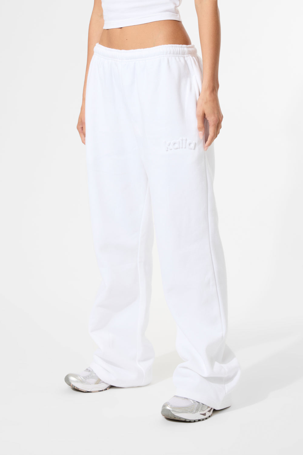 Kaiia Embossed Logo Wide Leg Joggers White