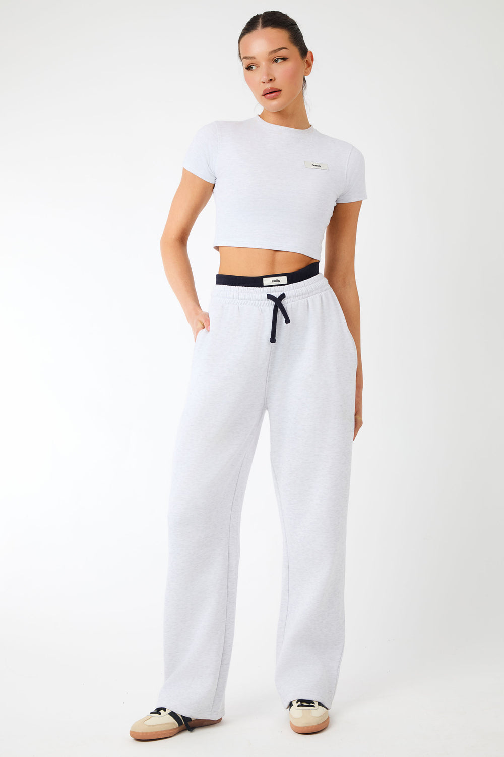 Kaiia Label Logo Exposed Waistband Wide Leg Joggers Light Grey Marl