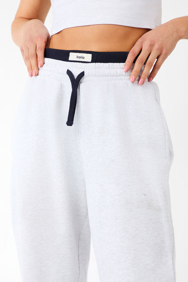 Kaiia Label Logo Exposed Waistband Wide Leg Joggers Light Grey Marl