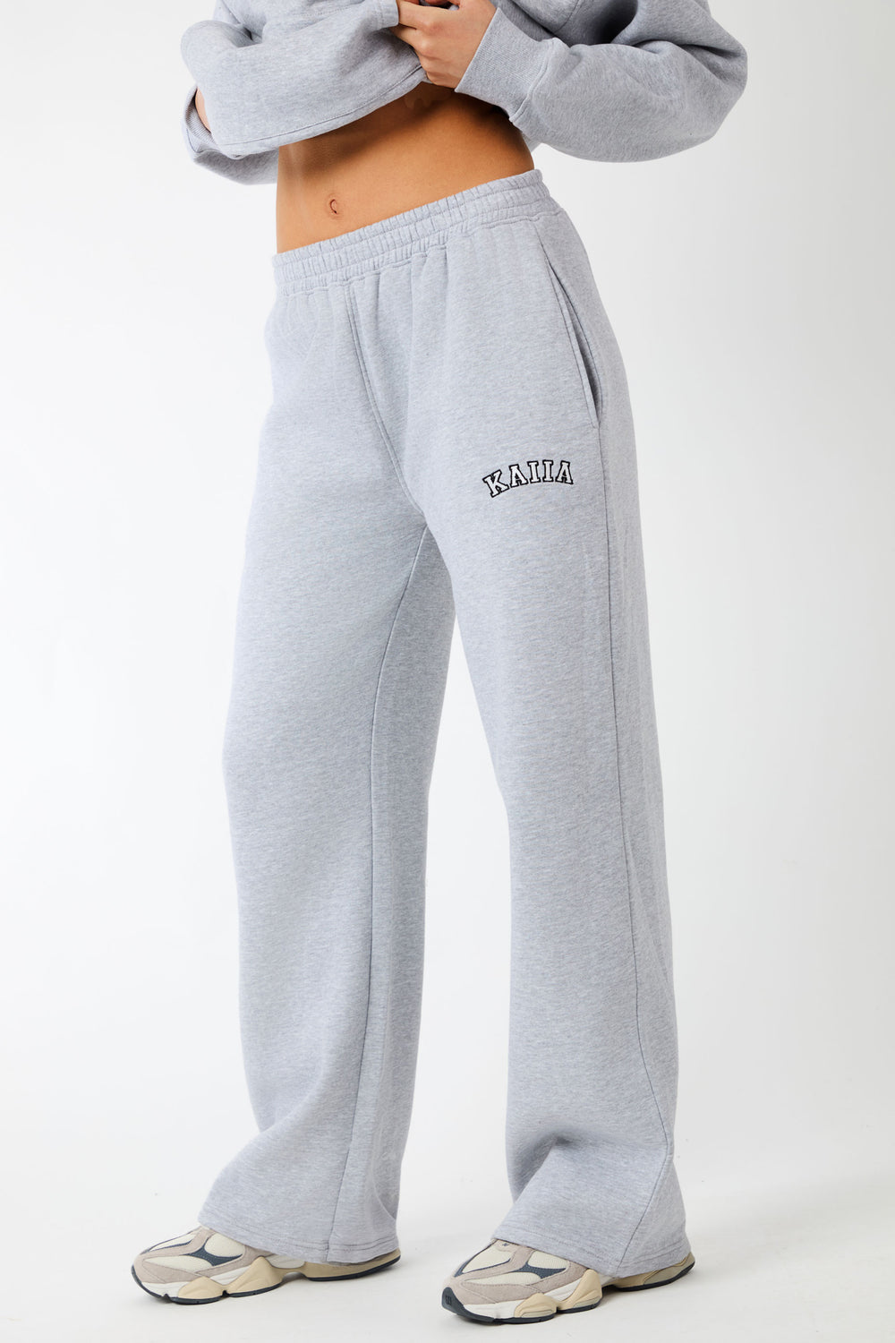 Kaiia Logo Wide Leg Joggers Grey Marl & White