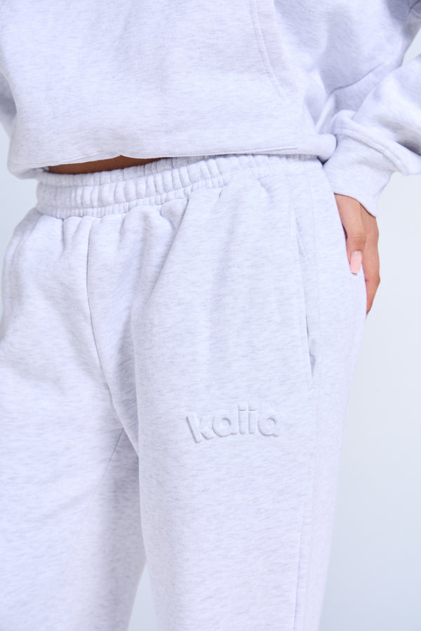 Kaiia Embossed Logo Wide Leg Joggers Light Grey Marl