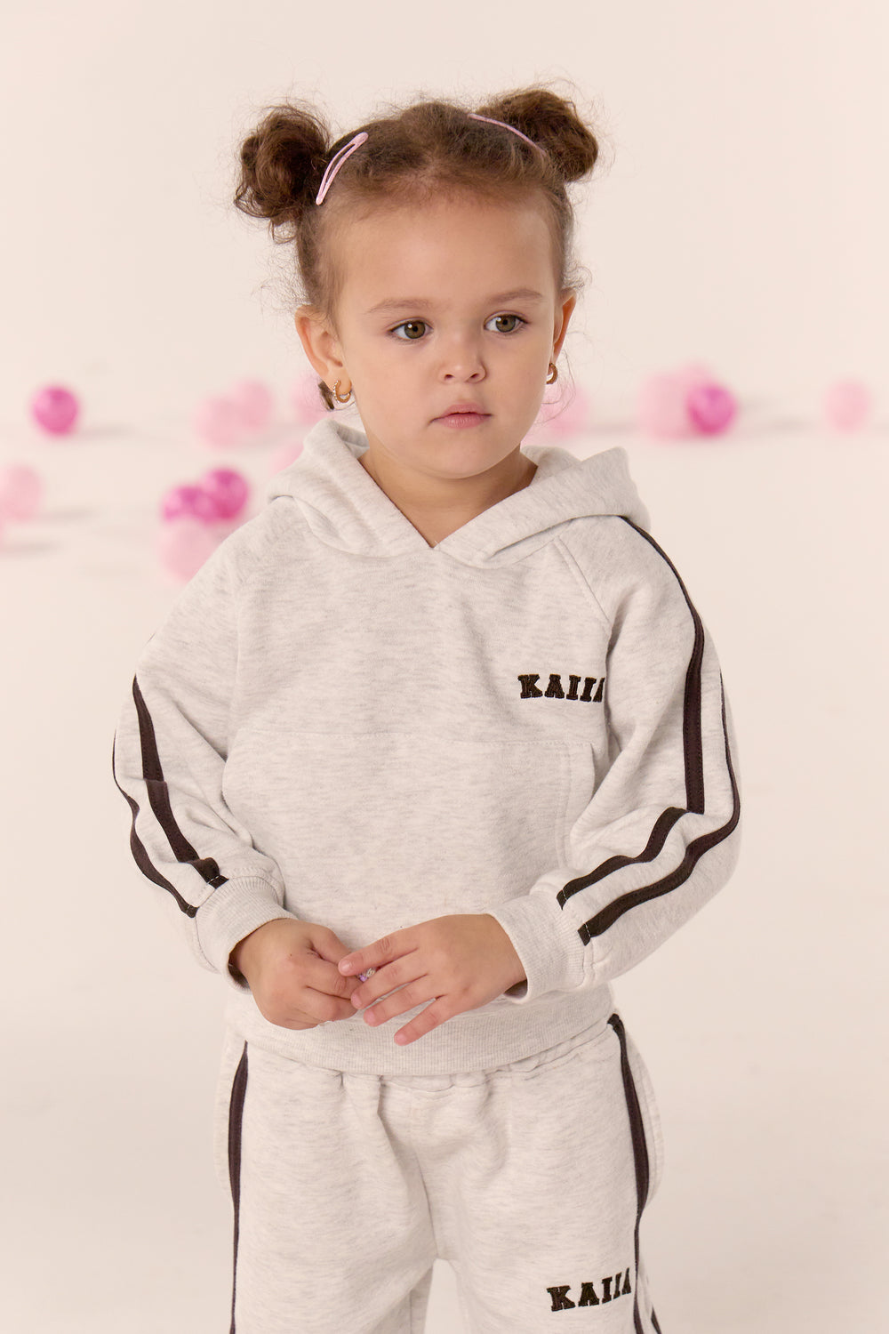 Kaiia Kids Sport Side Stripe Oversized Hoodie Light Grey Marl & Brown