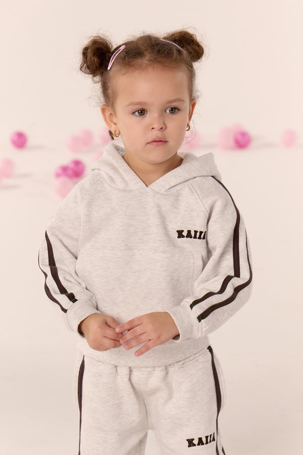 Kaiia Kids Sport Side Stripe Oversized Hoodie Light Grey Marl & Brown