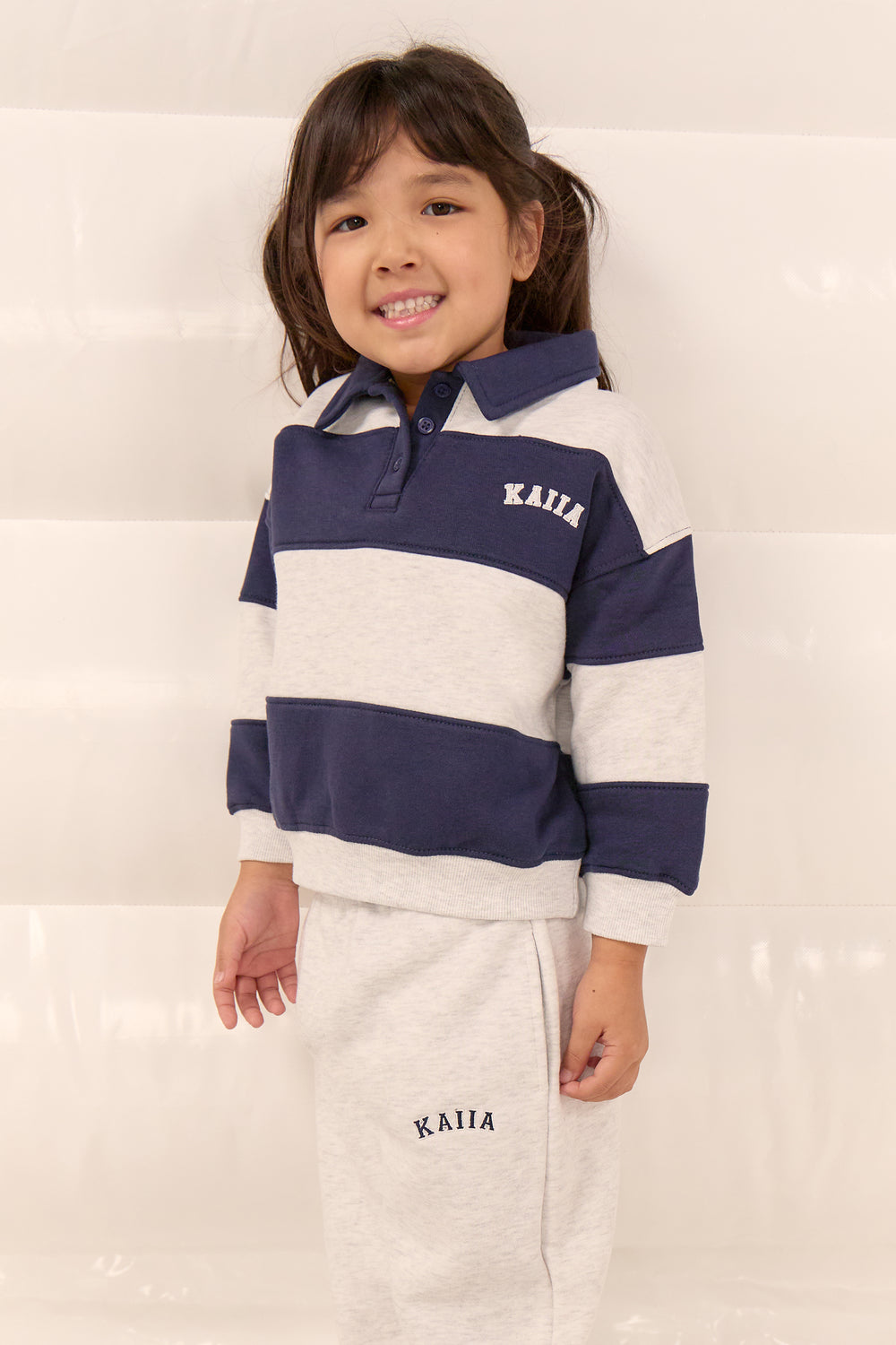 Kaiia Kids Striped Oversized Rugby Sweatshirt Light Grey Marl & Navy