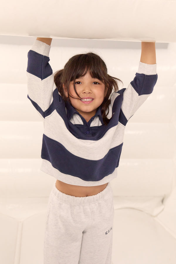 Kaiia Kids Striped Oversized Rugby Sweatshirt Light Grey Marl & Navy