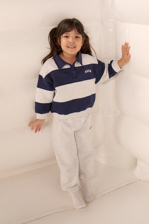 Kaiia Kids Striped Oversized Rugby Sweatshirt Light Grey Marl & Navy