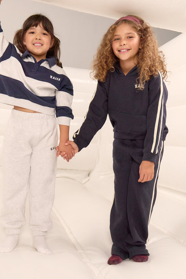 Kaiia Kids Sport Side Stripe Oversized Hoodie Ink Blue & Lemon