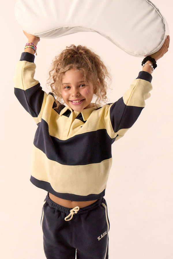 Kaiia Kids Striped Oversized Rugby Sweatshirt Ink Blue & Lemon