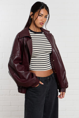 Kaiia Leather Pocket Detail Bomber Jacket Burgundy