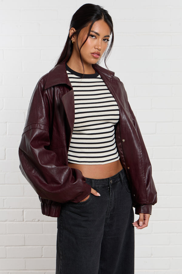 Kaiia Leather Pocket Detail Bomber Jacket Burgundy