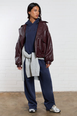 Kaiia Leather Pocket Detail Bomber Jacket Burgundy