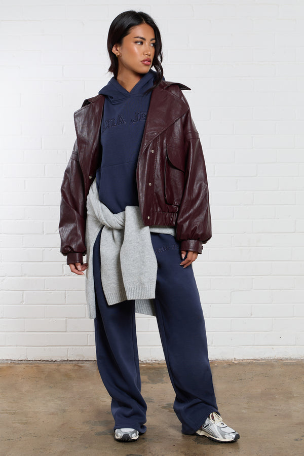 Kaiia Leather Pocket Detail Bomber Jacket Burgundy
