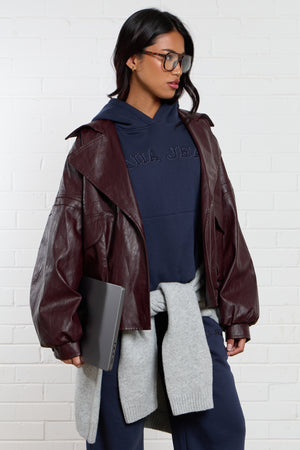 Kaiia Leather Pocket Detail Bomber Jacket Burgundy