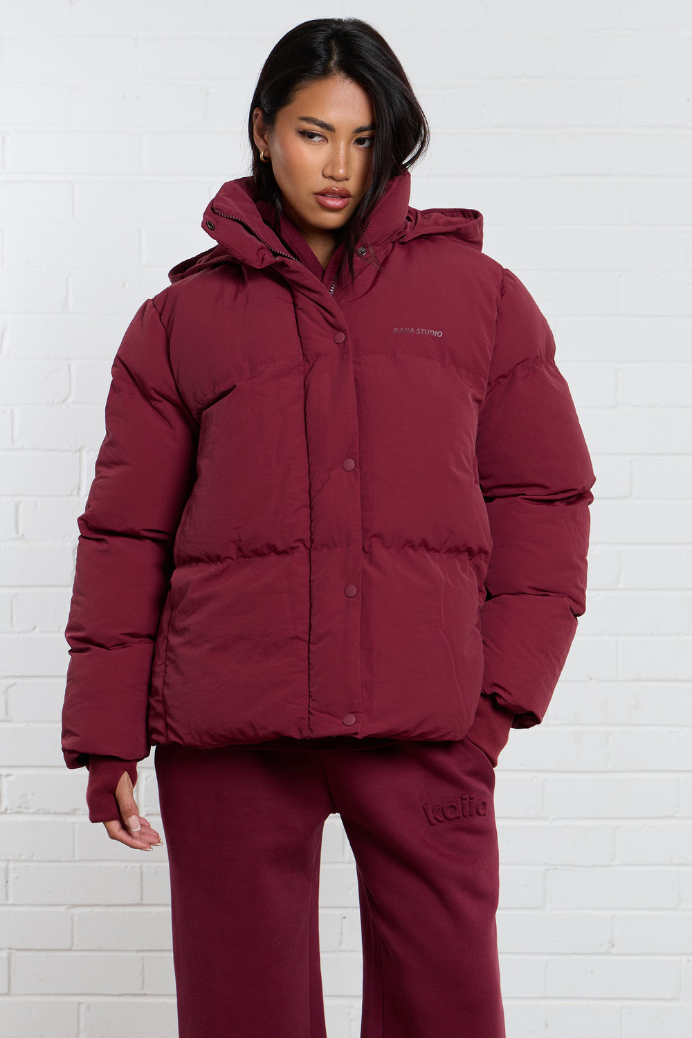 Kaiia Studio Logo Oversized Puffer Coat Burgundy