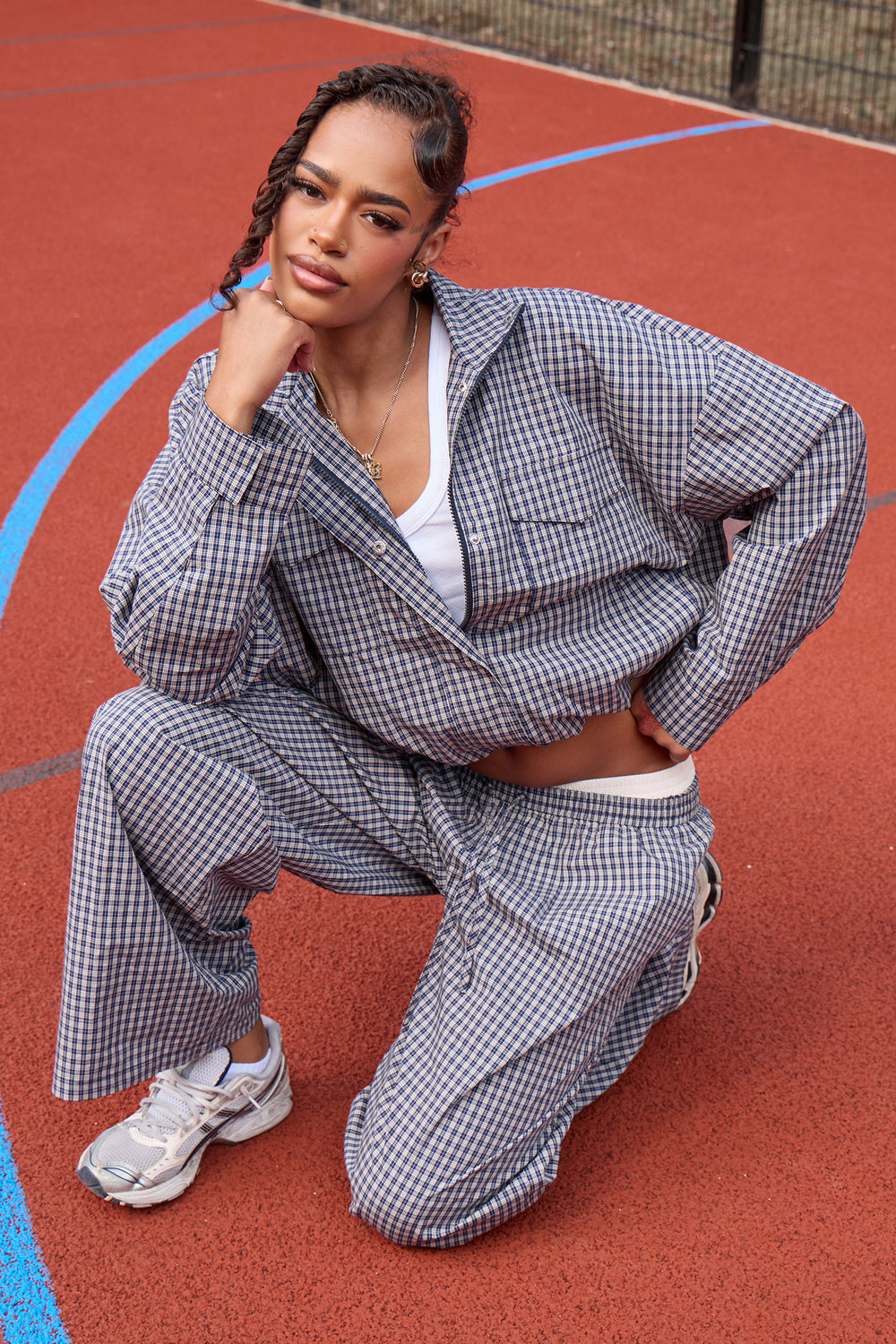 Kaiia Woven Check Funnel Neck Jacket Navy