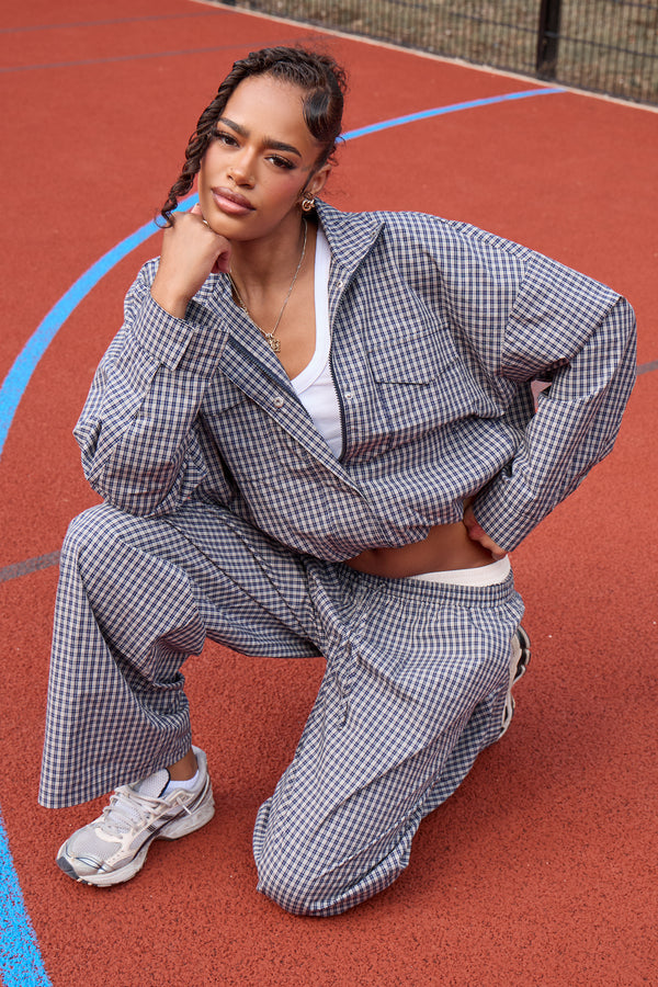 Kaiia Woven Check Funnel Neck Jacket Navy