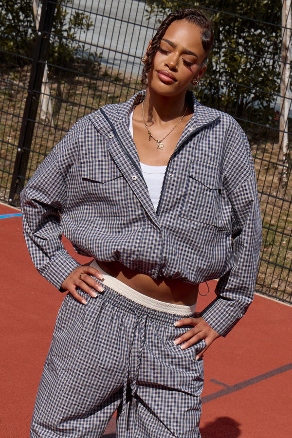 Kaiia Woven Check Funnel Neck Jacket Navy