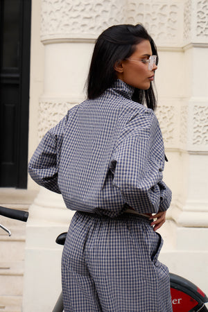 Kaiia Woven Check Funnel Neck Jacket Navy