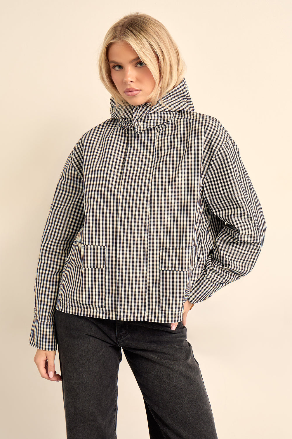 Kaiia Woven Check Hooded Funnel Neck Jacket Black & White