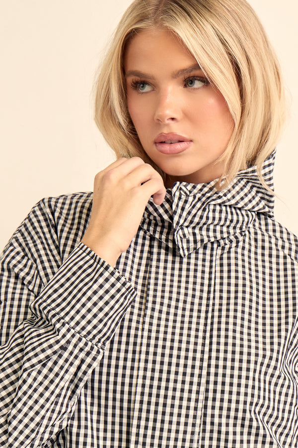 Kaiia Woven Check Hooded Funnel Neck Jacket Black & White