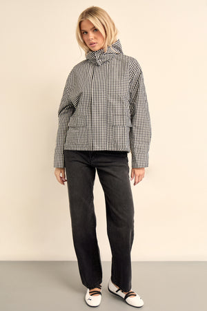Kaiia Woven Check Hooded Funnel Neck Jacket Black & White