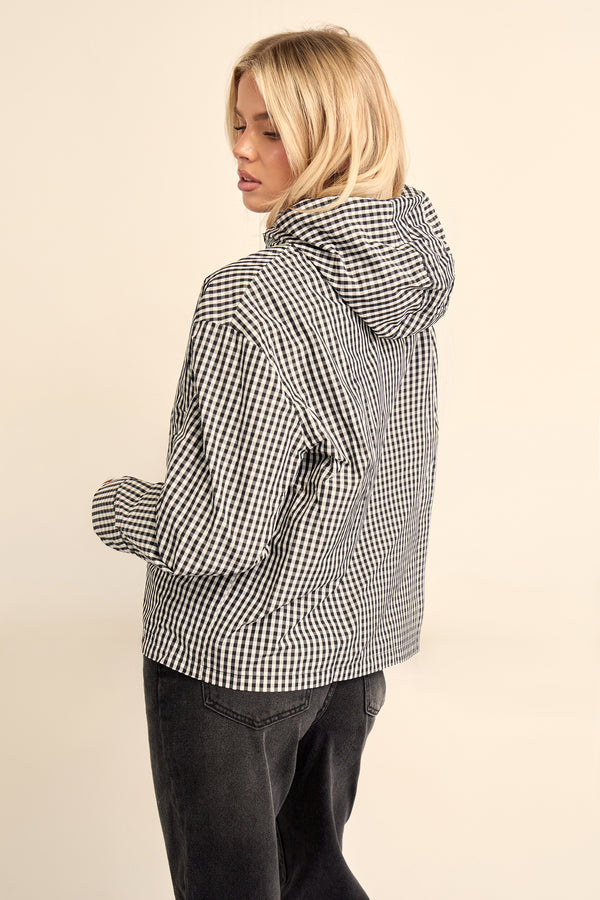 Kaiia Woven Check Hooded Funnel Neck Jacket Black & White