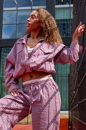 Kaiia Woven Check Funnel Neck Jacket Deep Red