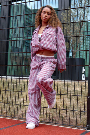 Kaiia Woven Check Funnel Neck Jacket Deep Red