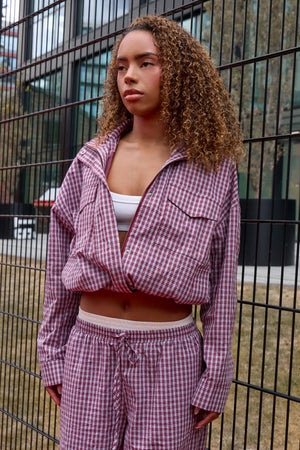 Kaiia Woven Check Funnel Neck Jacket Deep Red