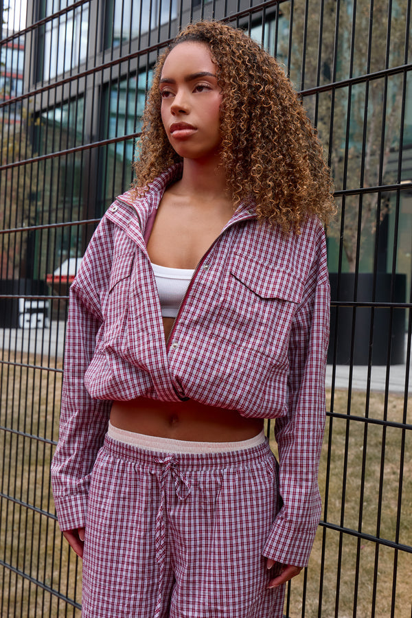 Kaiia Woven Check Funnel Neck Jacket Deep Red