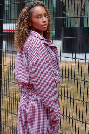 Kaiia Woven Check Funnel Neck Jacket Deep Red