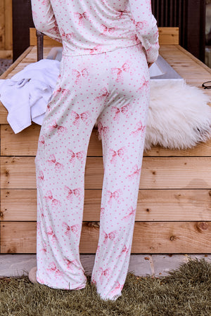 Kaiia Supersoft Polka Dot Bow Print Pyjama Trousers Cream & Pink