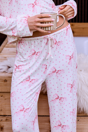 Kaiia Supersoft Polka Dot Bow Print Pyjama Trousers Cream & Pink