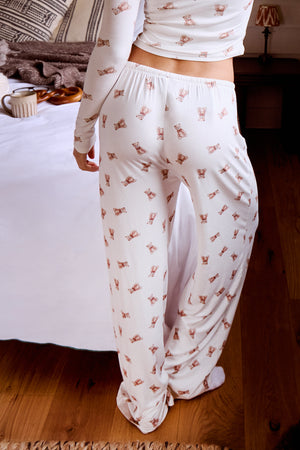 Kaiia Supersoft Teddy Bear Print Pyjama Trousers Cream & Brown