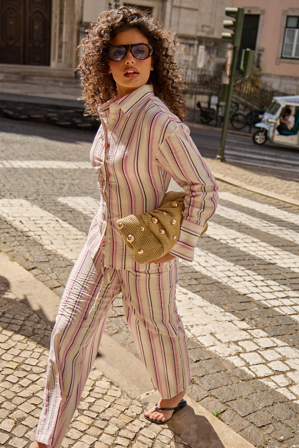 Kaiia Pinstripe Oversized Shirt Marshmallow Pink & Cream