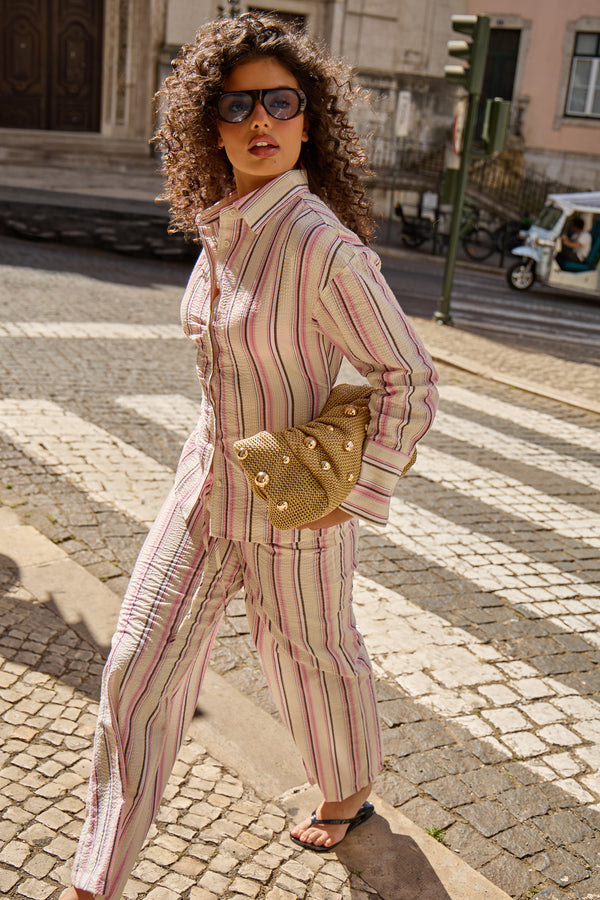 Kaiia Pinstripe Oversized Shirt Marshmallow Pink & Cream
