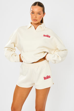 Kaiia Logo Mini Sweat Shorts Cream & Red