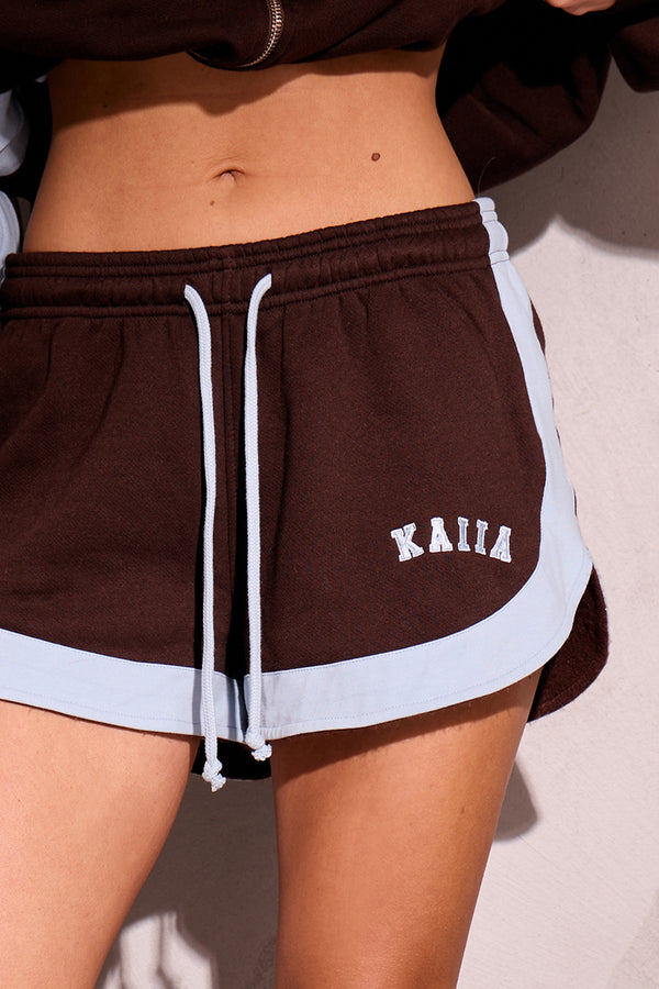 Kaiia Sport Stripe Mini Shorts Chestnut Brown & Dusty Blue