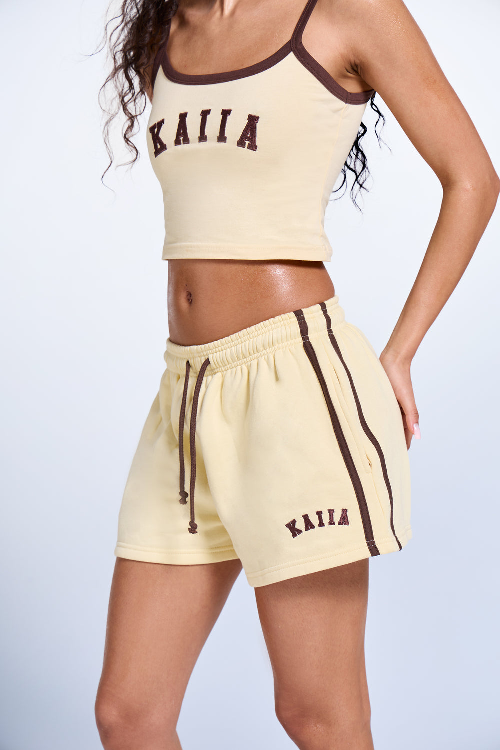 Kaiia Side Stripe Sweat Shorts Butter Yellow & Brown