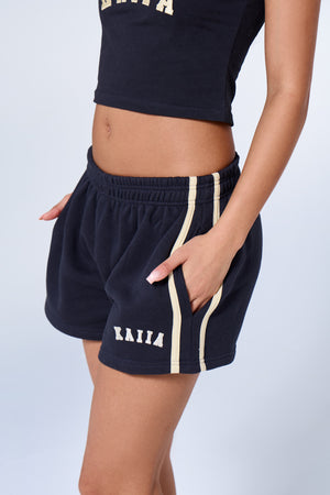 Kaiia Sport Side Stripe Mini Shorts Ink Blue & Lemon