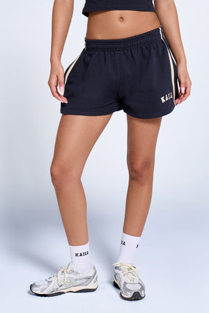 Kaiia Sport Side Stripe Mini Shorts Ink Blue & Lemon