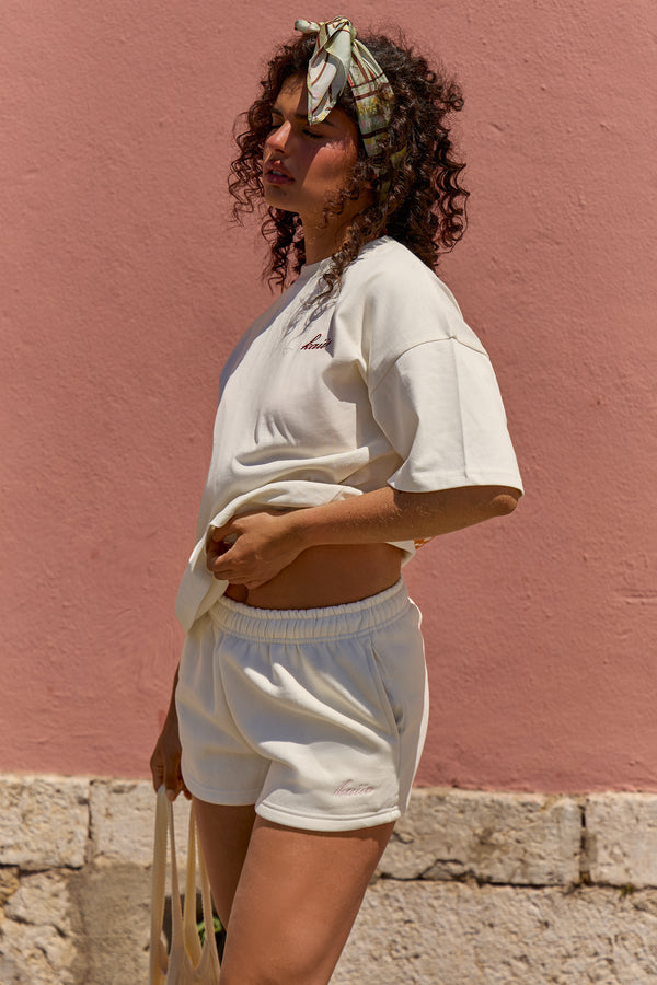 Kaiia Script Logo Mini Sweat Shorts Cream